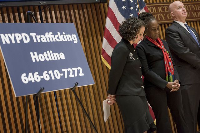 NYPD Commissioner O'Neill announcing his new approach to policing sex trafficking in February, with the First Lady (via Mayor's Flickr).